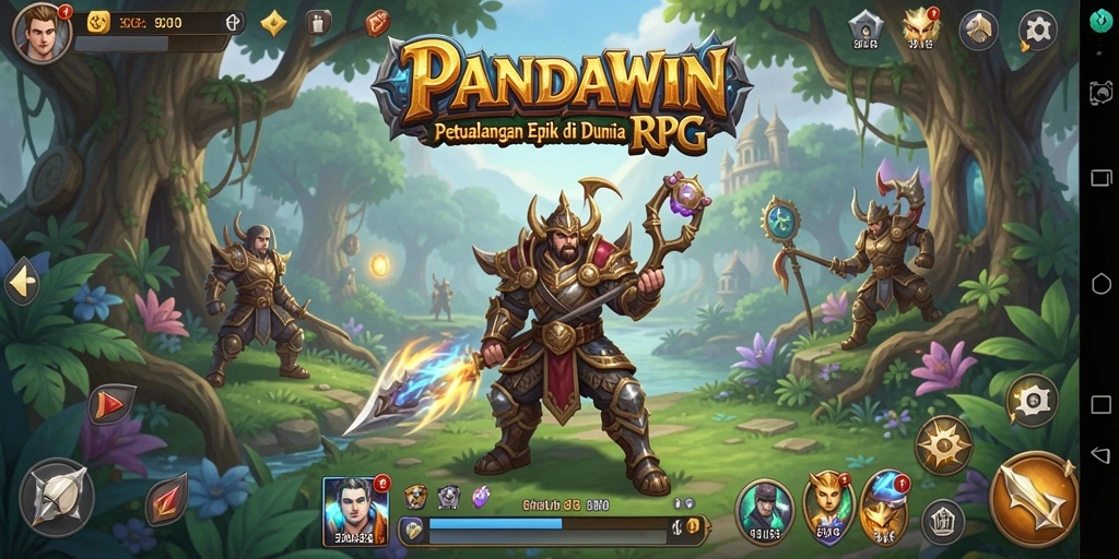 Tampilan screenshot PANDAWIN menampilkan pertempuran epik dan eksplorasi dunia fantasi.