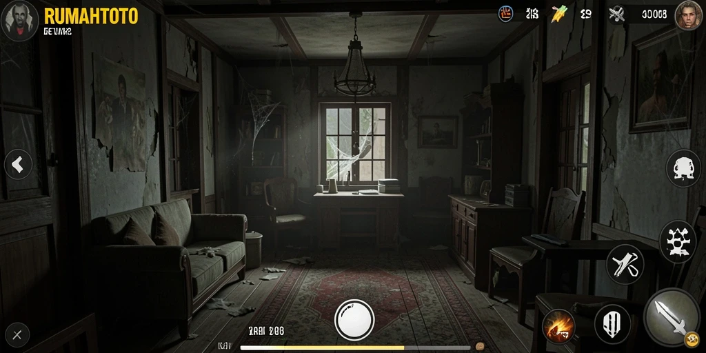 Gameplay RUMAHTOTO yang mencekam di dalam rumah angker.